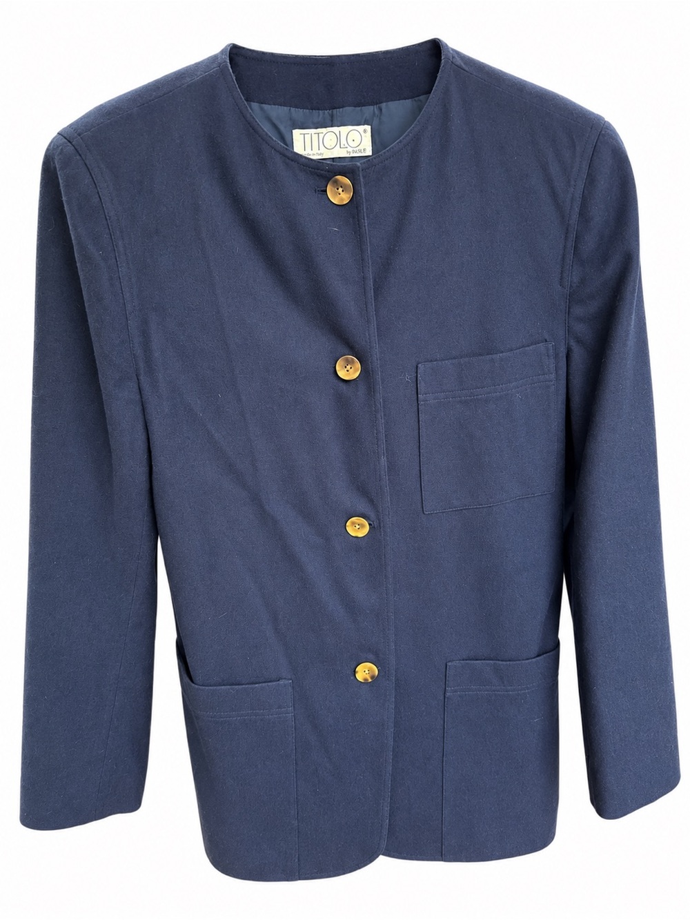 Titolo by Basile Navy Round-Neck Women's Jacket Made in Italy Wool Blend EU46